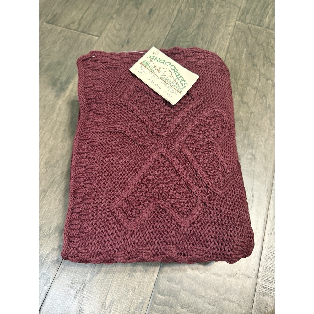 ARAN Crafts Ireland Merino Wool Throw Blanket 60" x 50" Wine Knit NWT
